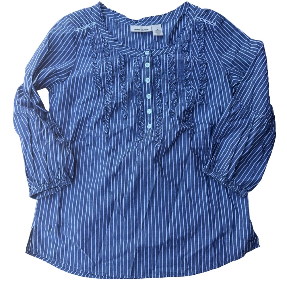 DKNY Jeans Blue White Striped Ruffle Bib Blouse 3/4 Puff Sleeve Medium